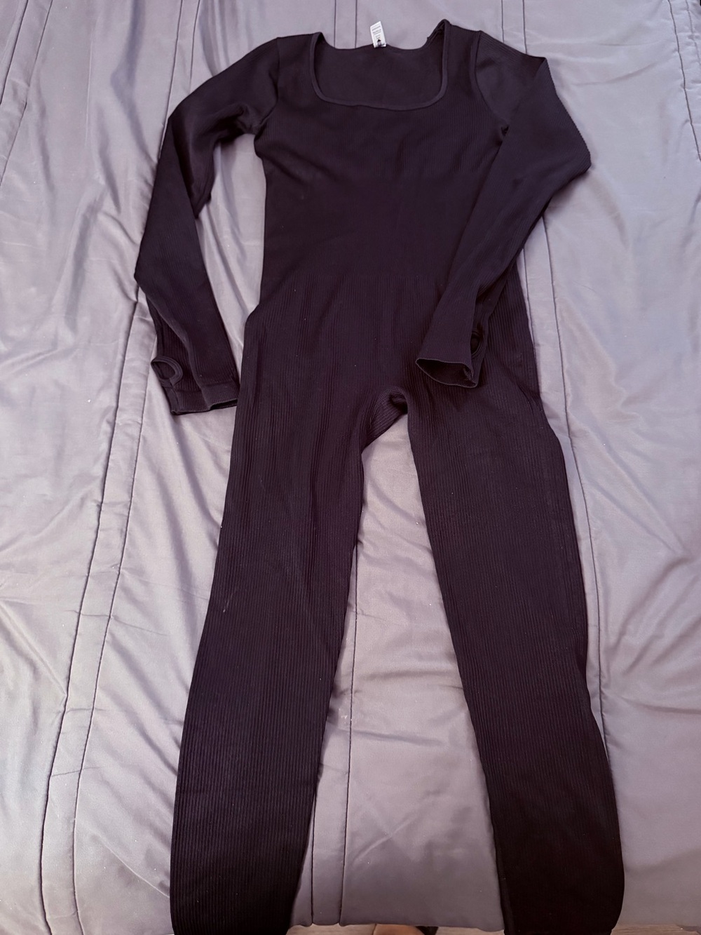 Black Ribbed Long-Sleeve Jumpsuit